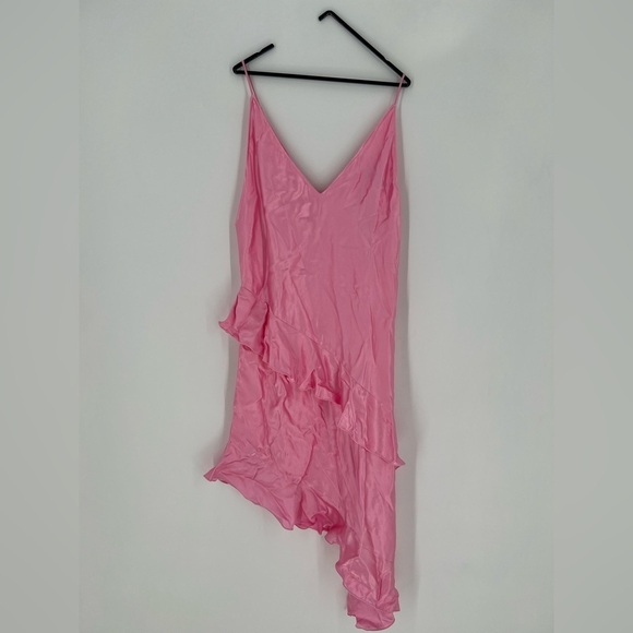 H&M Satin Ruffled Asymmetrical Flounced Romantic Feminine V Neck Slip Dress Pink - Picture 2 of 8